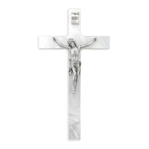 CRUCIFIX - WALL Pearl Cross With Pewter Corpus #50P-7WP