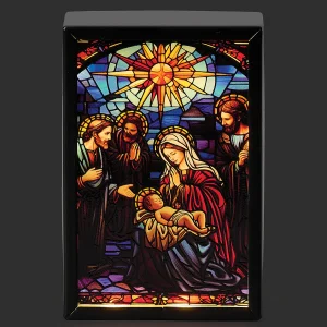 HOLY FAMILY NATIVITY SCENE With Lighted Stained Glass Plaque #138689