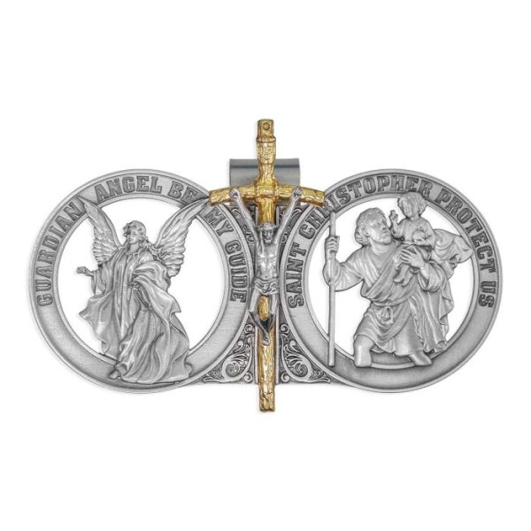 AUTO VISOR CLIP Guardian Angel and St Christopher with Crucifix #VP-6235C