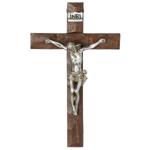 WALL CRUCIFIX WITH SILVER CORPUS - BEVELED WOOD #20303
